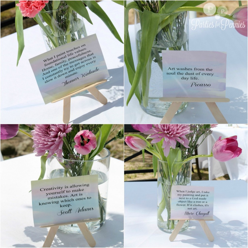 Watercolor Baby Shower  DIY easel centerpieces & art quotes by PartiesforPennies.com