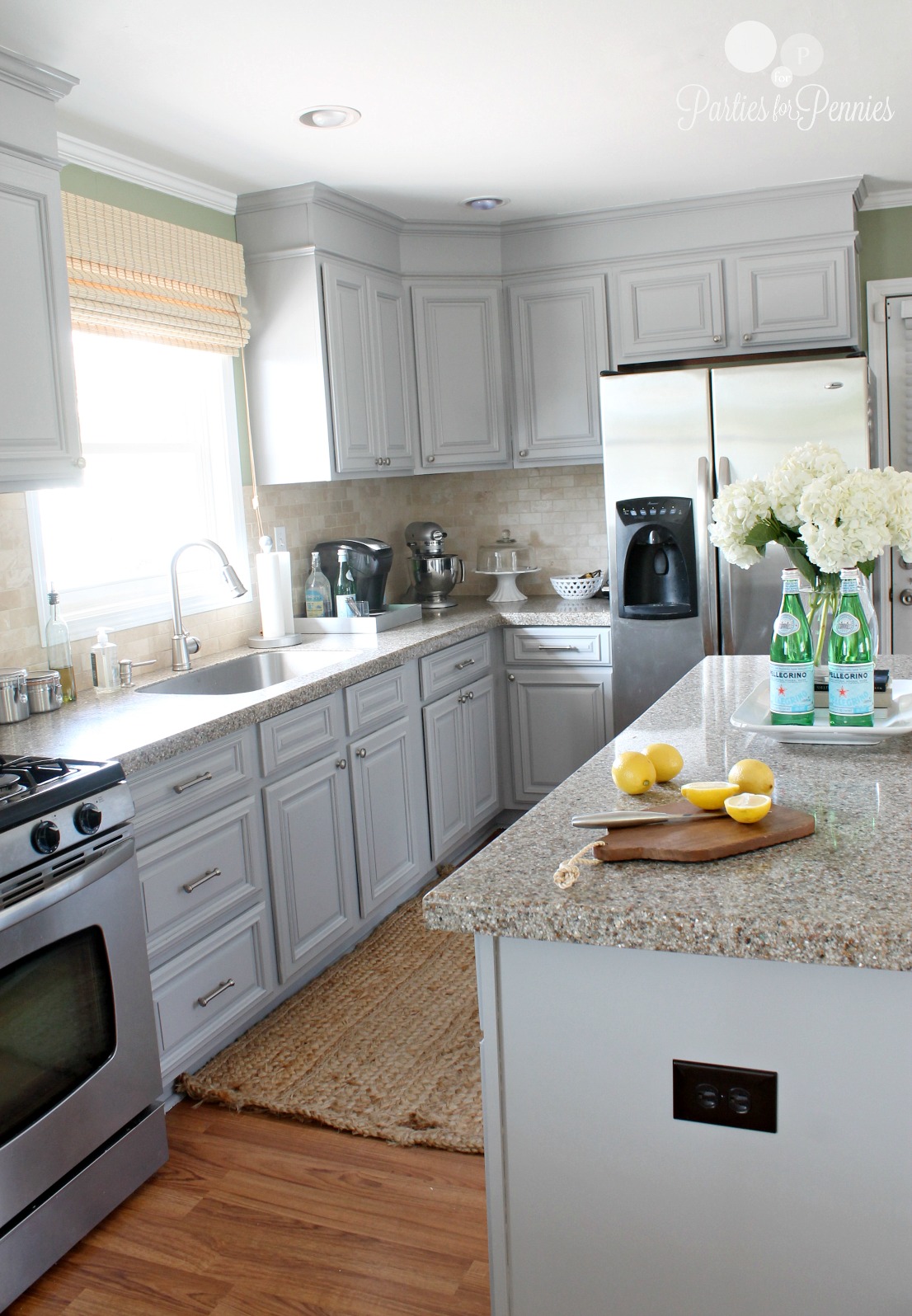 Kitchen Makeover - Painted Gray Cabinets by PartiesforPennies.com