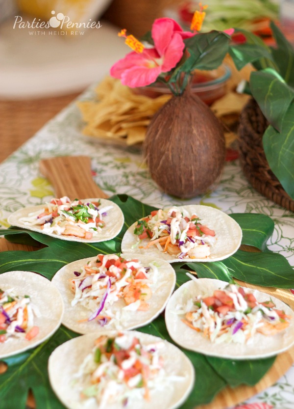 Luau Party by PartiesforPennies.com | Shrimp Tacos | #luau #menu #shrimptacos #recipe