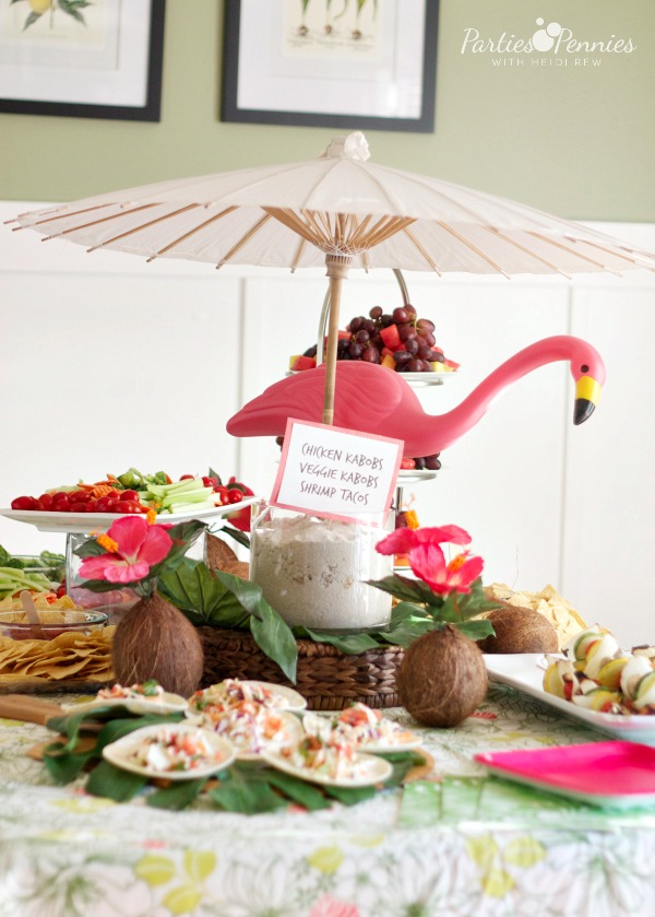 Luau Party by PartiesforPennies.com | Tablescape | #luau #decorations #table #flamingo