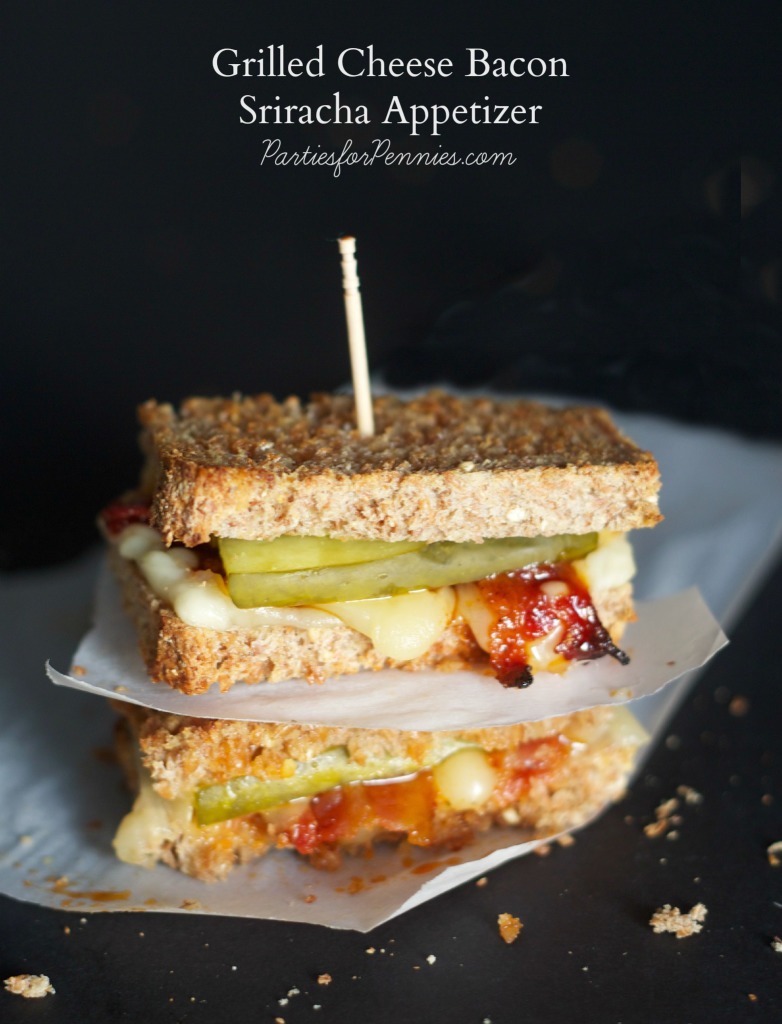 Super Bowl Appetizer Recipe | Grilled Cheese Bacon Sriracha | PartiesforPennies.com | #recipe #appetizer #football #tailgate
