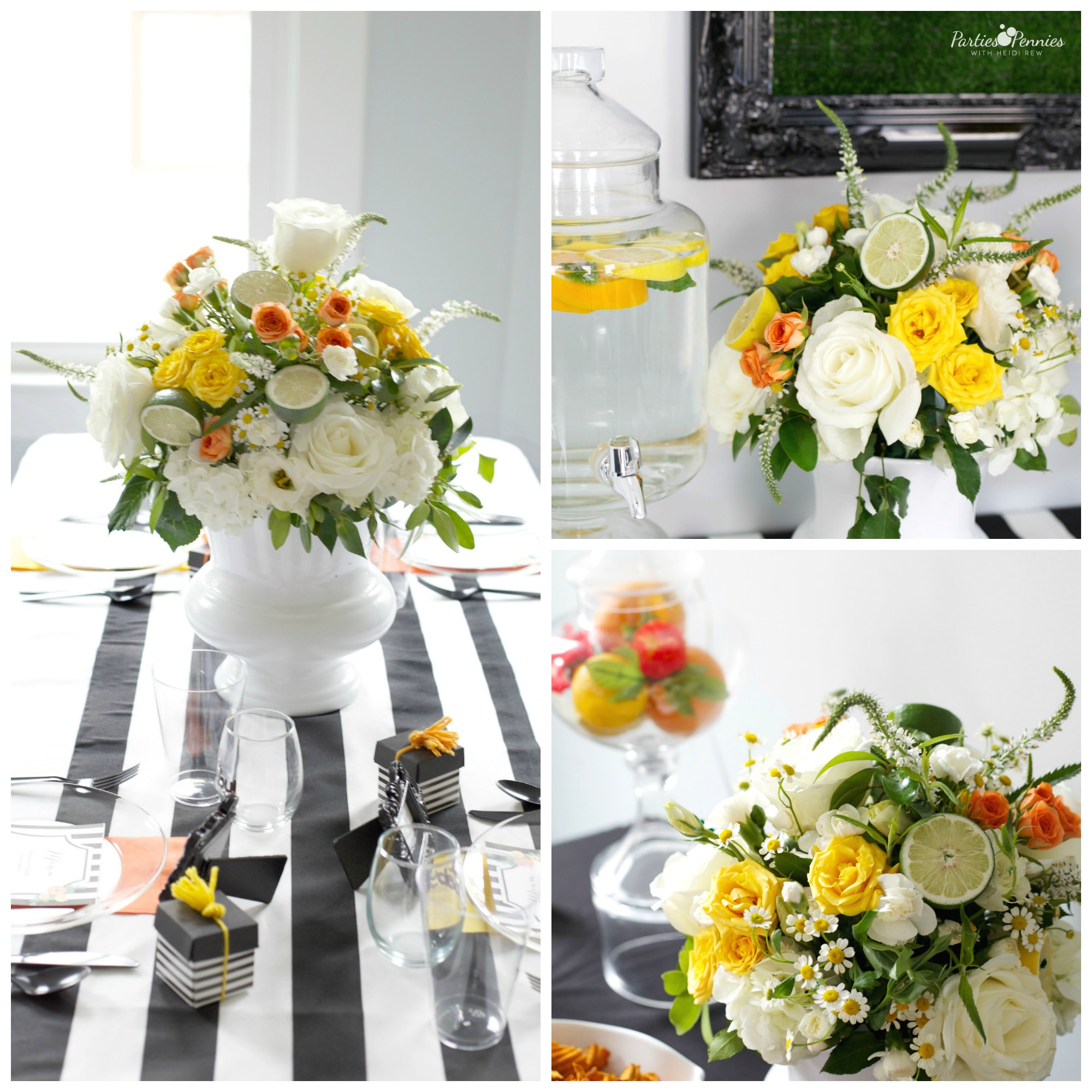 Black White and Citrus Baby Shower | PartiesforPennies.com | Mamas & Mocktails #florals #citrusarrangement #sisteractdesigns