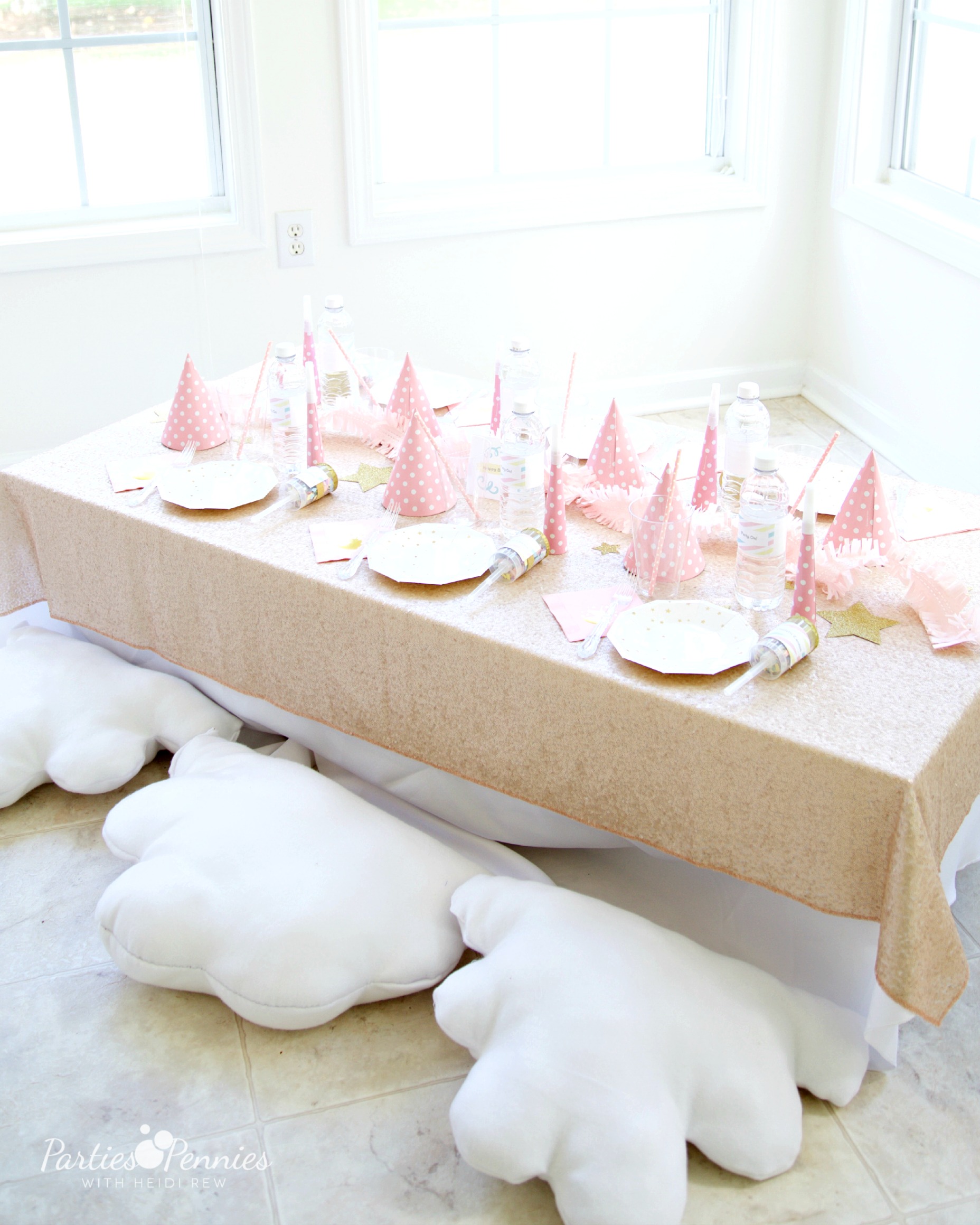 PONY PARTY - Table with Champagne Glitter tablecloth | PartiesforPennies.com | My Little Pony | Pinkie Pie | Girl Birthday Party 