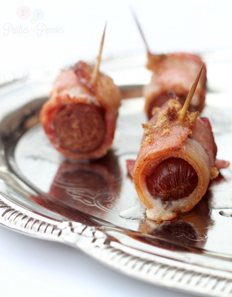 Bacon Wrapped Hot Dog Appetizer Recipe by PartiesforPennies.com | 20 Budget-Friendly Appetizer Recipes