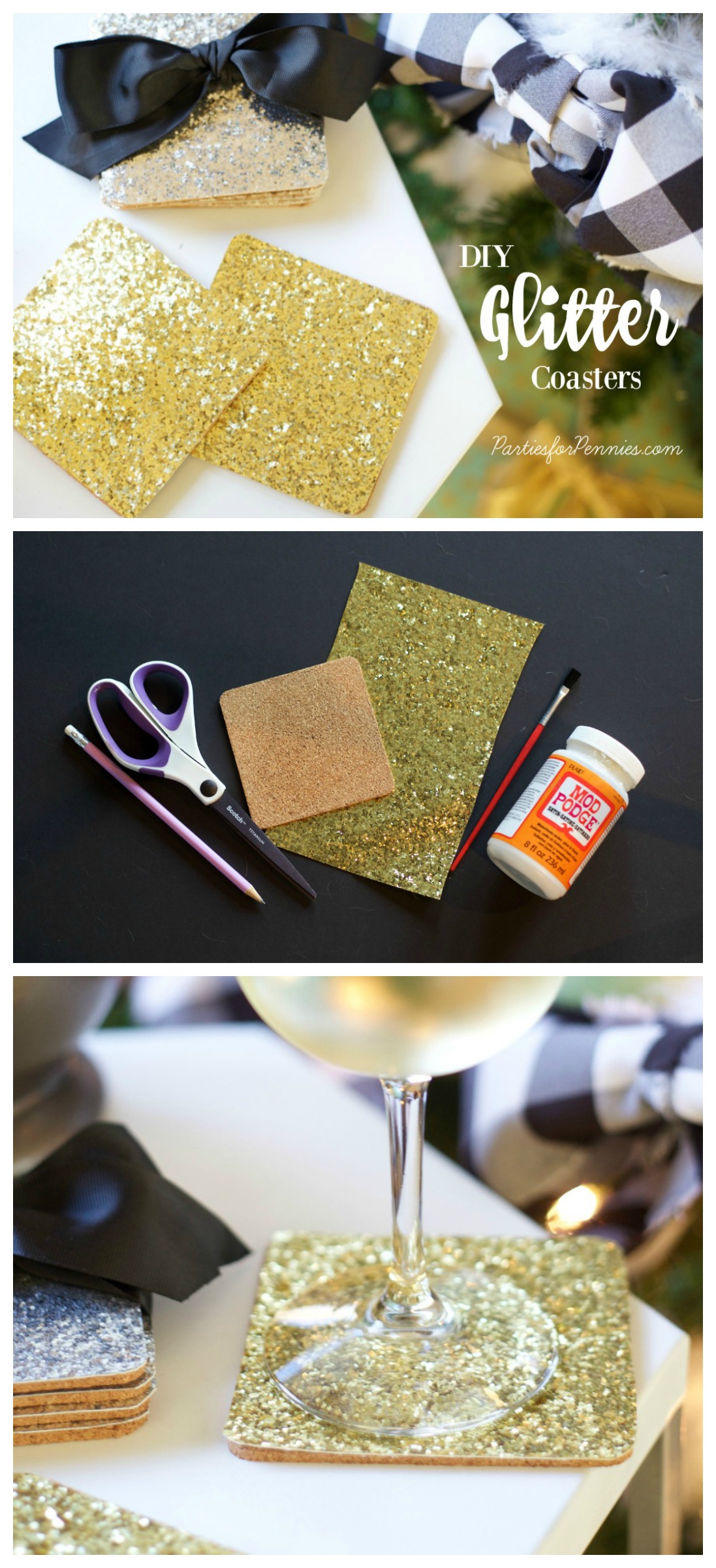 DIY Glitter Coasters by PartiesforPennies.com | Homemade Gift | DIY Gift | Hostess Gift | Gift for Entertainer