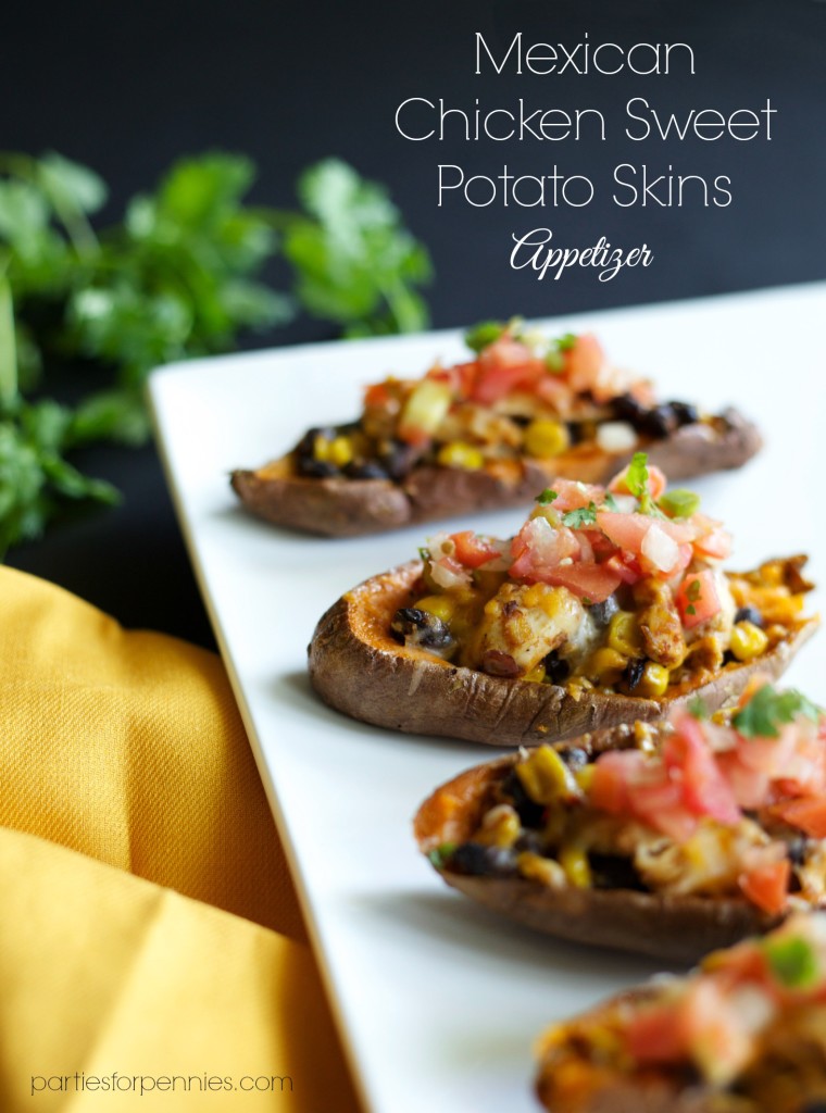 Mexican Chicken Sweet Potato Skins by PartiesforPennies.com | 20 Budget-Friendly Appetizers
