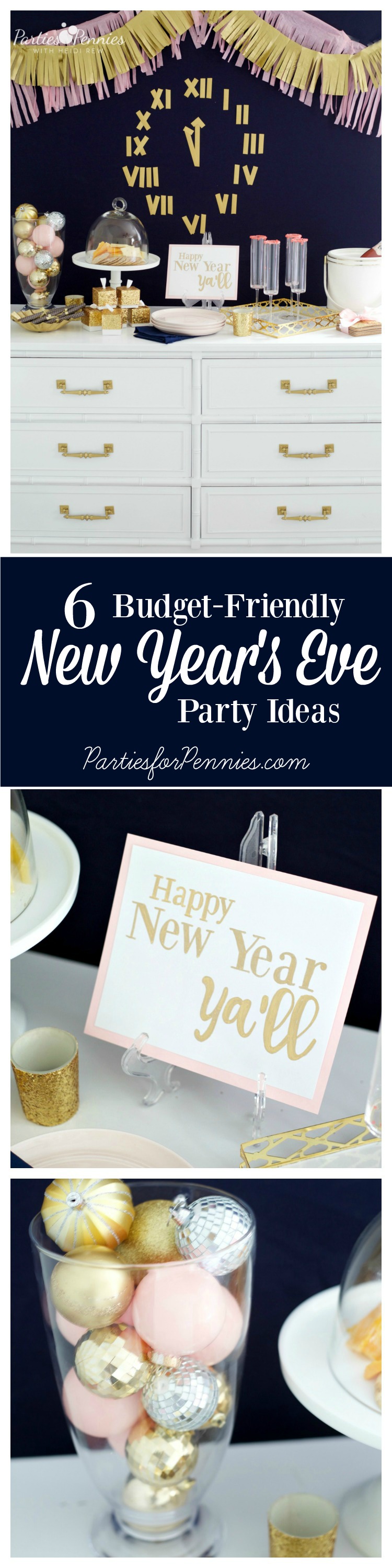 6 Budget-Friendly New Year's Eve Party Ideas by PartiesforPennies.com | NYE, Navy and Pink,