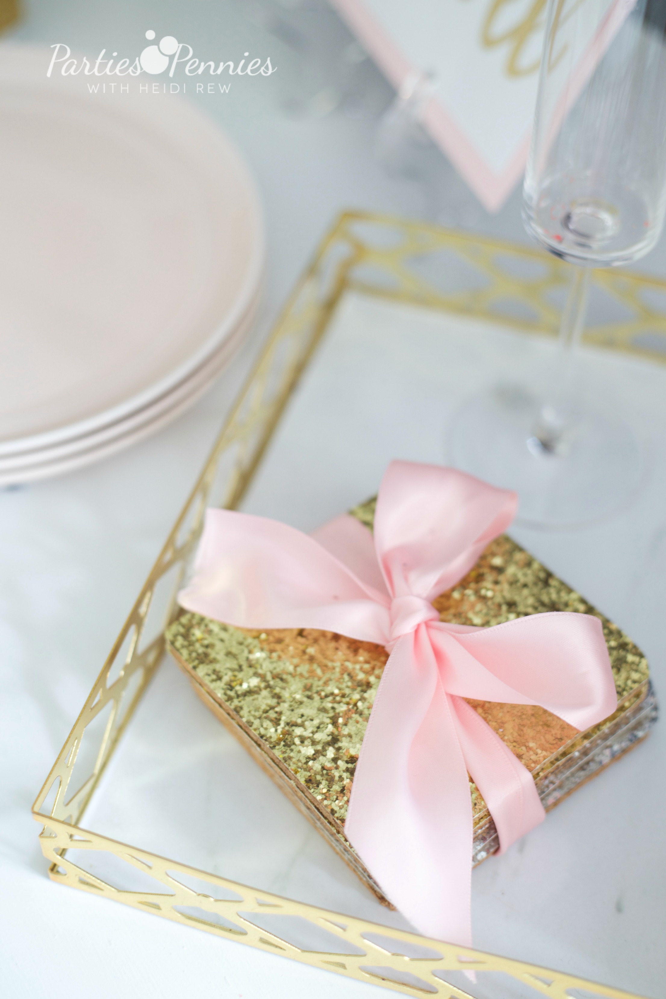 6 Budget-Friendly New Year's Eve Party Ideas by PartiesforPennies.com | DIY Glitter Coasters | NYE, Navy and Pink,