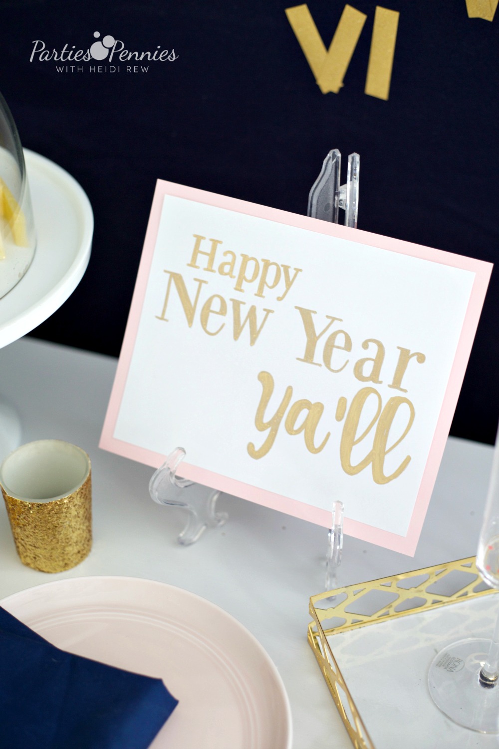 6 Budget-Friendly New Year's Eve Party Ideas by PartiesforPennies.com | Southern New Year's Eve Greeting | Free Printable, NYE, Navy and Pink,