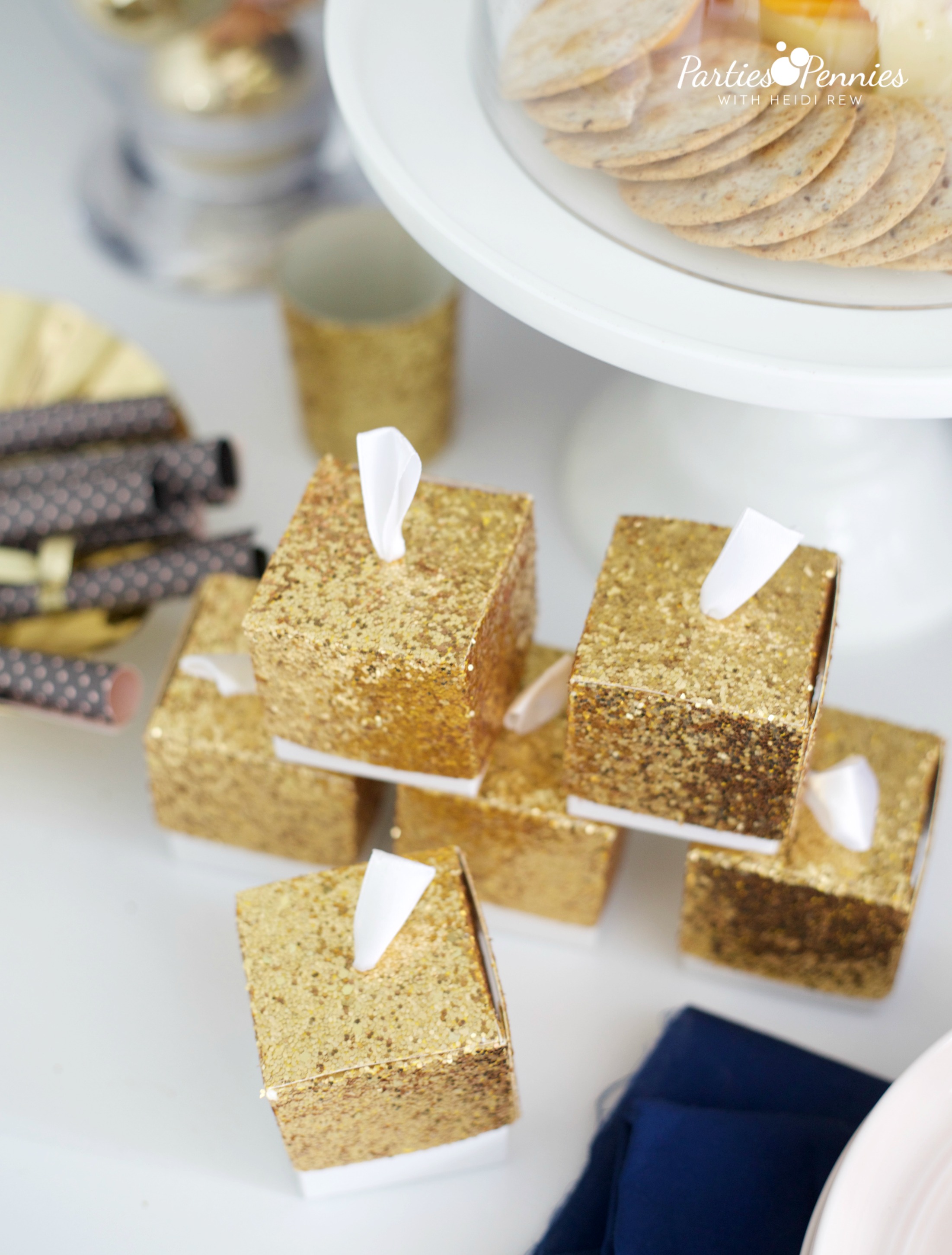 6 Budget-Friendly New Year's Eve Party Ideas by PartiesforPennies.com | Kate Aspen Favor Boxes | Free Printable, NYE, Navy and Pink,