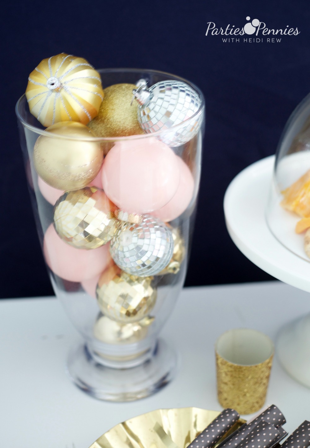 6 Budget-Friendly New Year's Eve Party Ideas by PartiesforPennies.com |Ornament Decoration | NYE, Navy and Pink,
