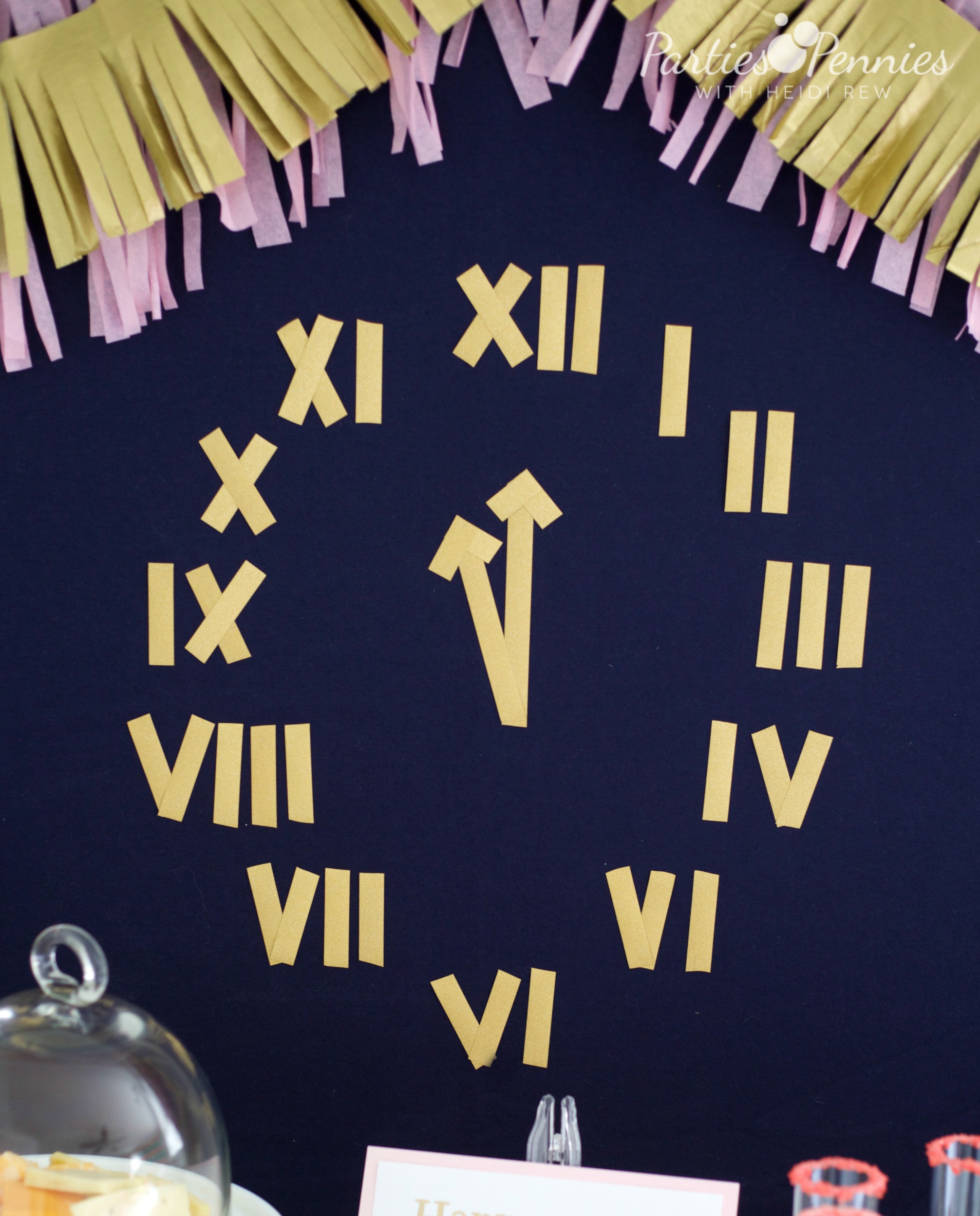 6 Budget-Friendly New Year's Eve Party Ideas by PartiesforPennies.com |Washi Tape Clock | DIY Wall Art, NYE, Navy and Pink,