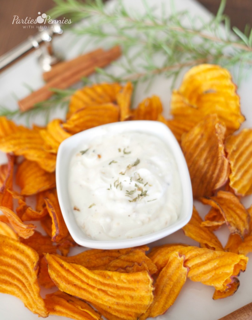 Sweet Potato Chips and Greek  Yogurt Dip  Appetizer by PartiesforPennies.com | 20 Budget-Friendly Appetizer Recipes