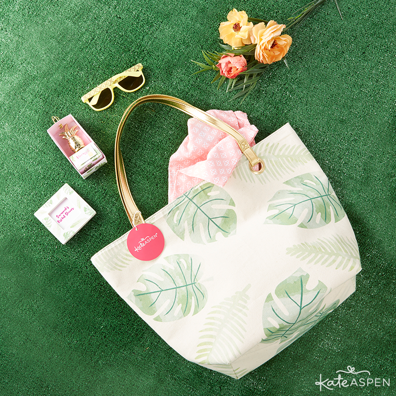 Everything you need to throw a Palm Spring Inspired Bridal Shower! Check out this Pineapple and Palms Bridal Shower with Kate Aspen on PartiesforPennies.com | Bridesmaid Gift Bag Idea