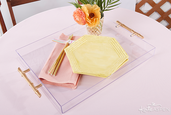 Everything you need to throw a Palm Spring Inspired Bridal Shower! Check out this Pineapple and Palms Bridal Shower with Kate Aspen on PartiesforPennies.com | DIY Acrylic Tray