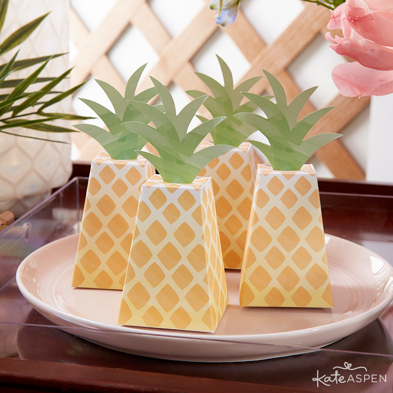 Everything you need to throw a Palm Spring Inspired Bridal Shower! Check out this Pineapple and Palms Bridal Shower with Kate Aspen on PartiesforPennies.com | Pineapple Favor Box