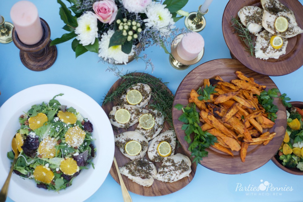 How to Plan a Wedding for under $5,000 | PartiesforPennies.com | Reception Food, Sweet Potato Wedges, Salad, Budget Friendly Wedding Food
