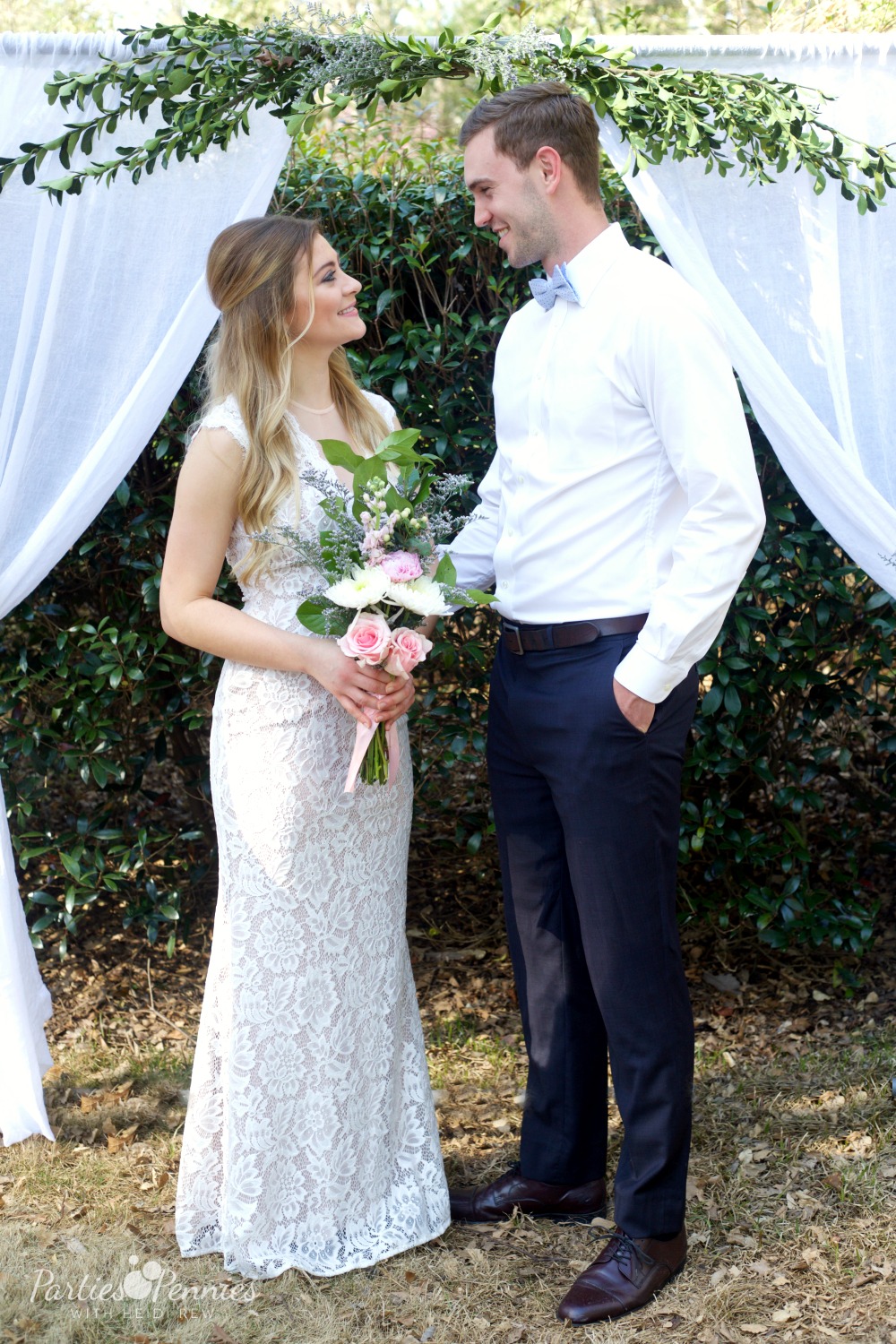 How to Plan a Wedding for under $5,000 | PartiesforPennies.com | Bride & Groom, Wedding Backdrop, DIY Wedding Backdrop