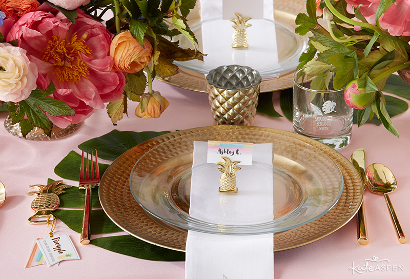Pineapples & Palms Theme Wedding | Products by Kate Aspen | Styling by PartiesforPennies.com | Place setting