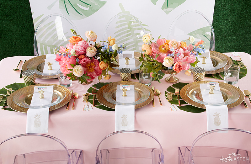 Pineapples & Palms Theme Wedding | Products by Kate Aspen | Styling by PartiesforPennies.com | Reception Table