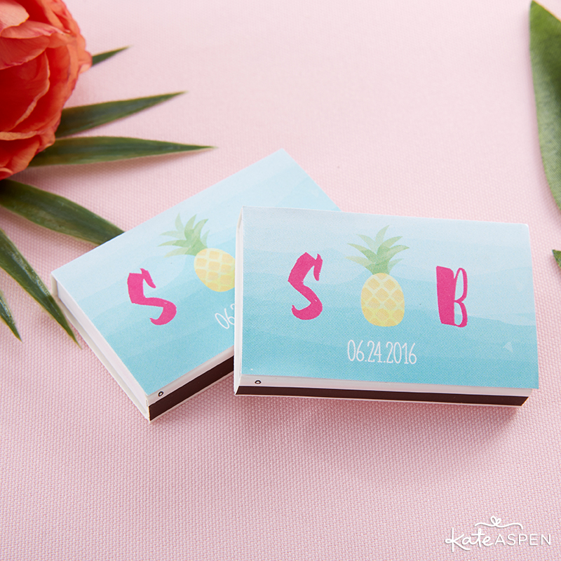 Pineapples & Palms Theme Wedding | Products by Kate Aspen | Styling by PartiesforPennies.com | Pineapple Matchbox Favors or Tropical Matchbox Favors