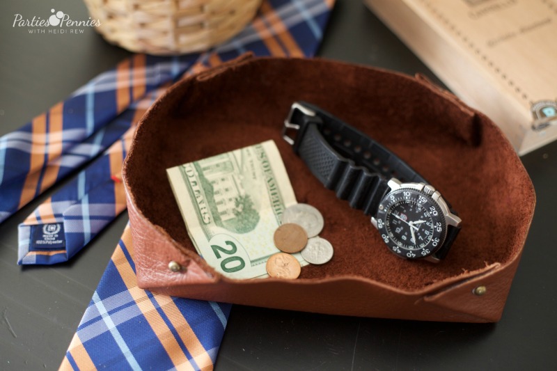 Father's Day DIY Gift Idea - DIY Leather Catchall or Tray | PartiesforPennies.com | DIY, Father's Day, GIft, Handmade, Leather