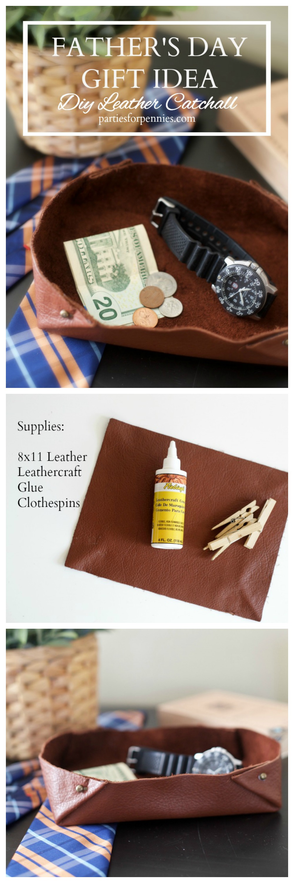 Father's Day DIY Gift Idea - DIY Leather Catchall or Tray | PartiesforPennies.com | DIY, Father's Day, GIft, Handmade, Leather