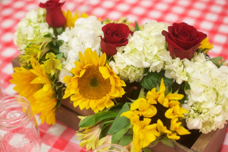 BBQ Retirement Party by PartiesforPennies.com | Picnic, Cookout, Red Gingham, Sunflowers, centerpiece