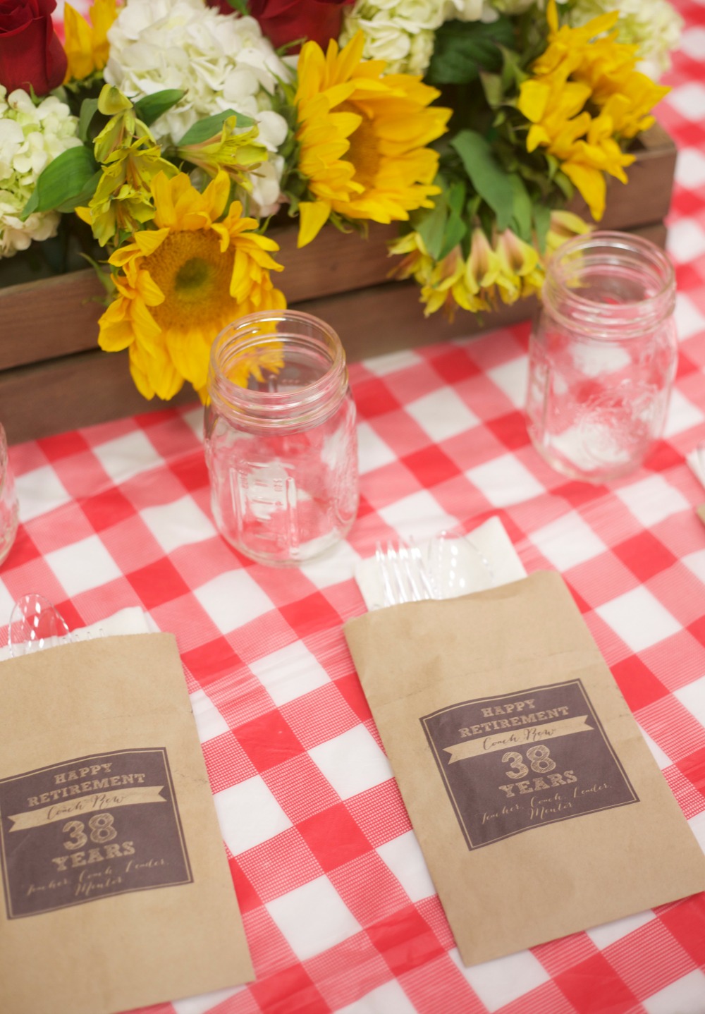 BBQ Retirement Party by PartiesforPennies.com | Picnic, Cookout, Red Gingham, Sunflowers, Placesetting, Paper Bag,
