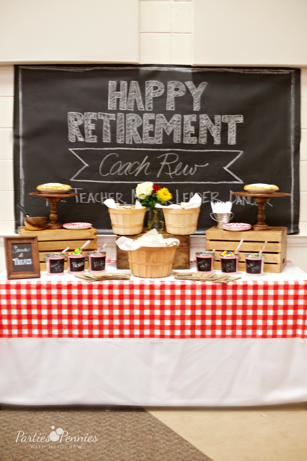 BBQ Retirement Party by PartiesforPennies.com | Picnic, Cookout, Red Gingham, Sunflowers, Sweets & Treats, Sweets Table, Desserts