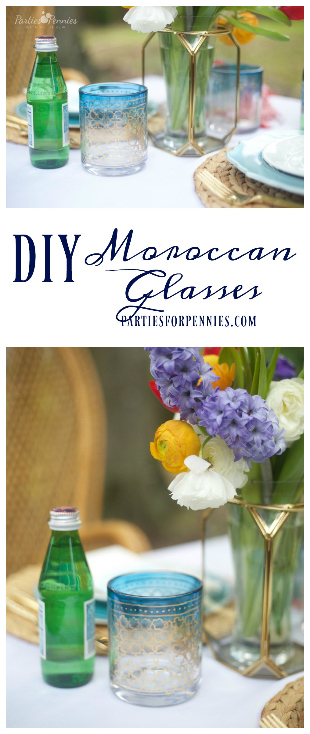 DIY Moroccan Glasses by PartiesforPennies.com | Paint Pen, Craft, Entertaining, Tablesetting, Place Setting, Drink, Homemade Gift