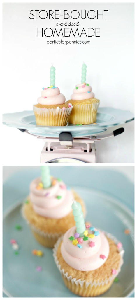 Which is Cheaper - Store-Bought or Homemade Cupcakes or Cake? Find out on PartiesforPennies.com | Plus 12 DIY Cake Topper Ideas | Cupcake, Cake, Birthday, Party, Dessert, Budget-Friendly, Sprinkles, Candles