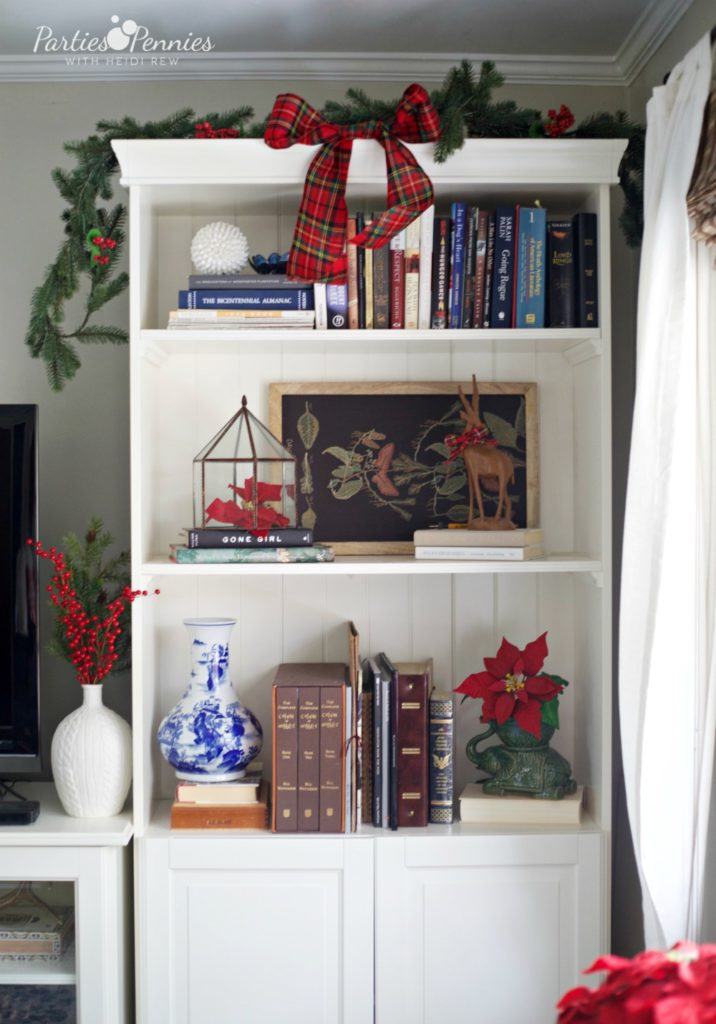 Christmas Home Tour by PartiesforPennies.com | Bookshelf Decorations, Red, Green, Plaid 