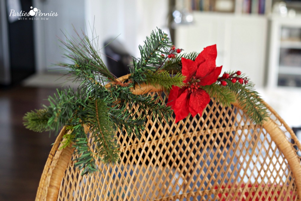 Christmas Home Tour by PartiesforPennies.com | Red, Green, Plaid, Rattan Woven Peacock Chair, Greenery 