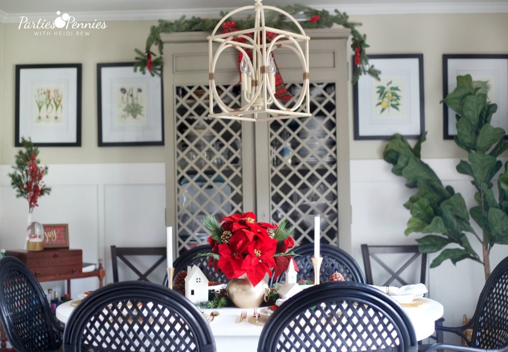Christmas Home Tour by PartiesforPennies.com | Red, Green, Plaid, Christmas Decorations, Dining Room, Dining Table, Centerpiece, Tablesetting