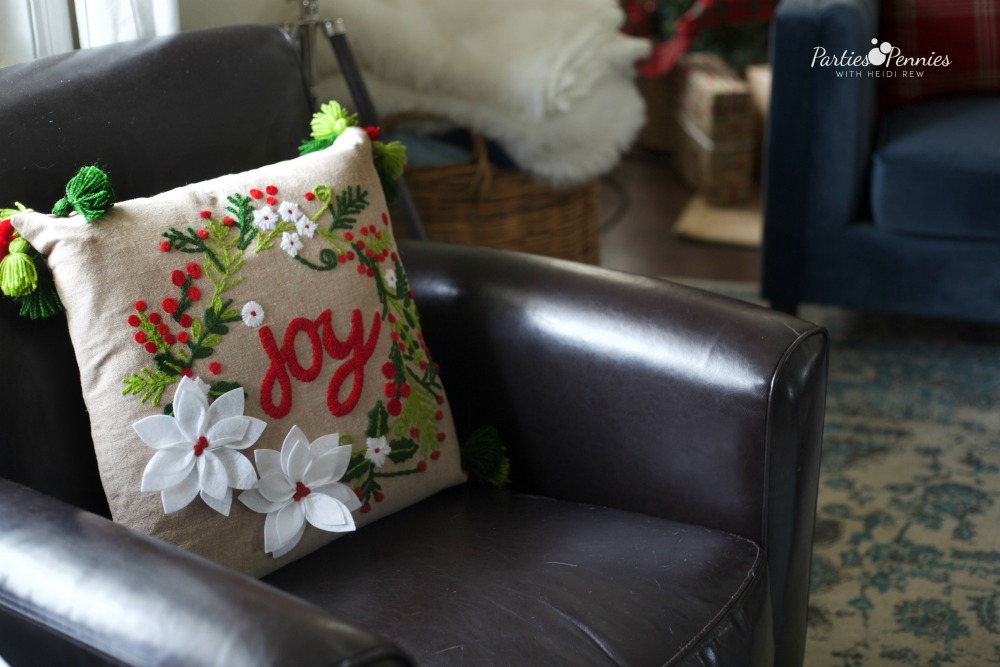Christmas Home Tour by PartiesforPennies.com | Red, Green, Plaid, Christmas Decorations, Joy Pillow, Christmas Pillow