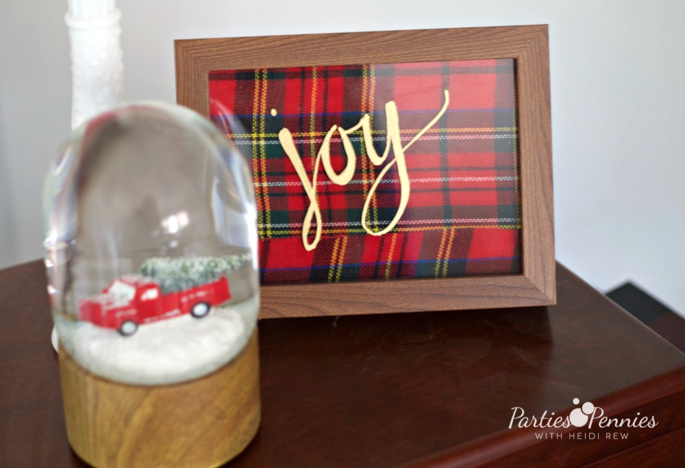 Christmas Home Tour by PartiesforPennies.com | Red, Green, Plaid, Christmas Decorations, Joy Sign, Framed Joy, Plaid Ribbon