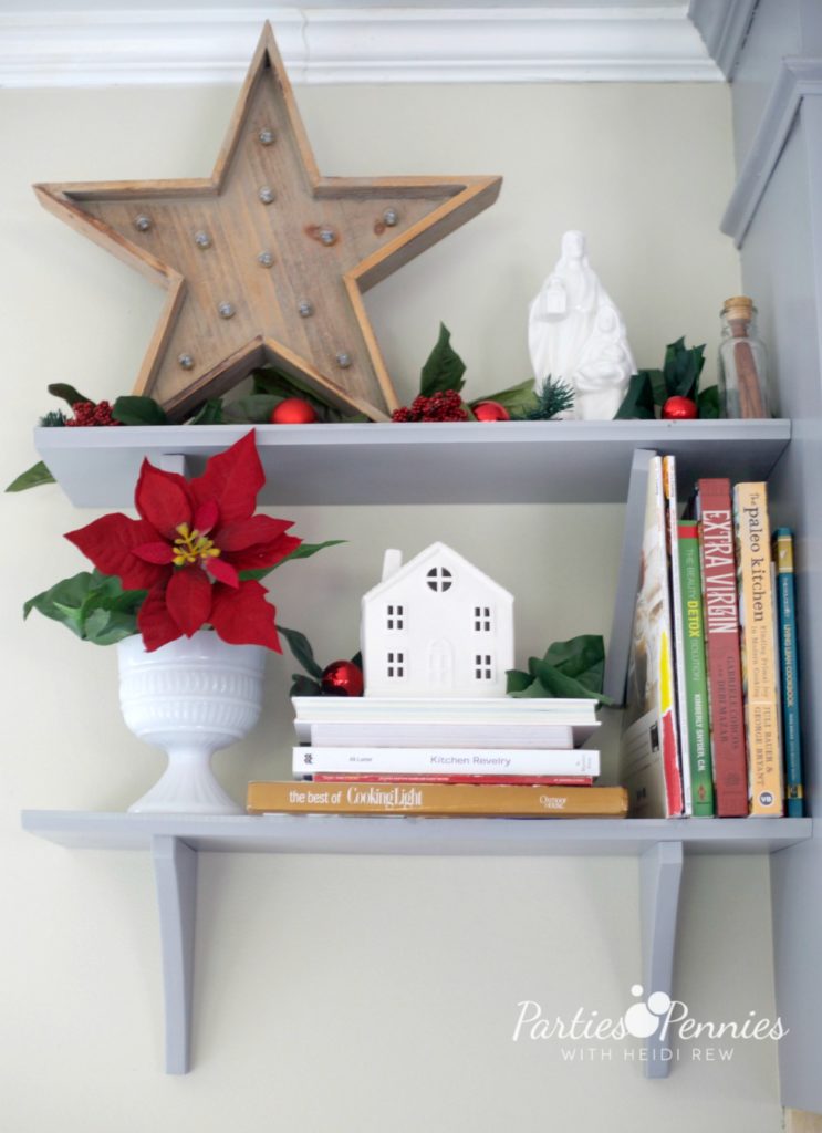 Christmas Home Tour by PartiesforPennies.com | Red, Green, Plaid, Christmas Decorations, Kitchen Shelf, Wooden Star, 