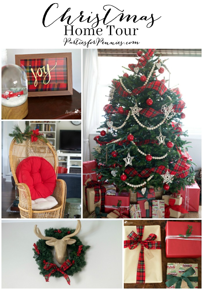 Christmas Home Tour by PartiesforPennies.com | Red, Green, Plaid, Christmas Decorations, Plaid Ribbon, Wooden Bead Garland, Budget Friendly Christmas Decorations