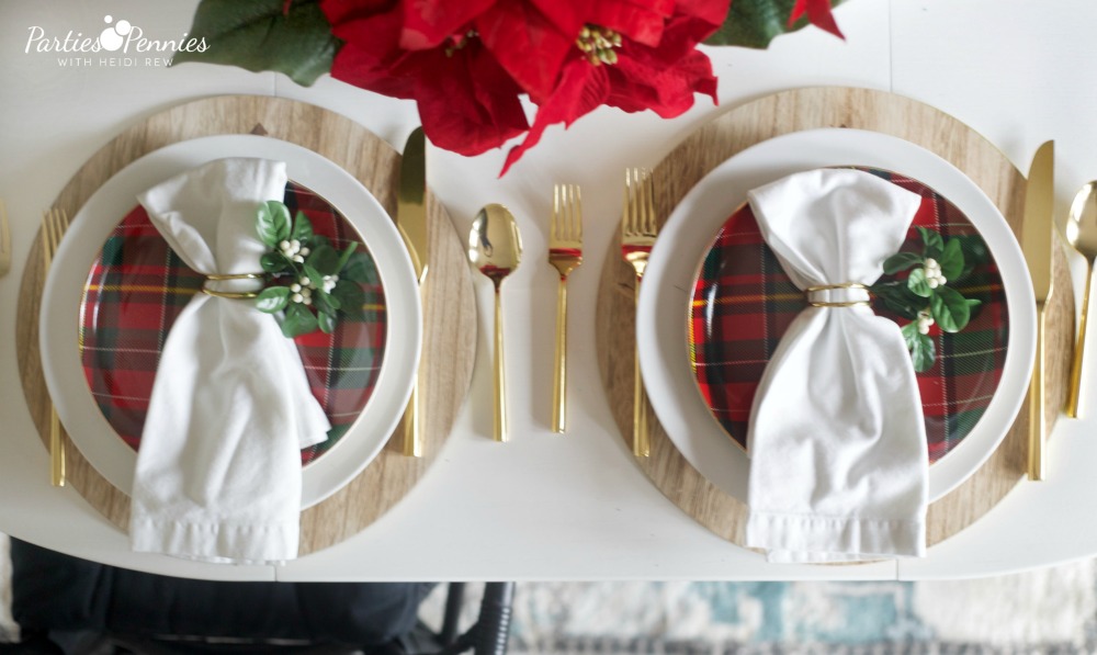 Christmas Home Tour by PartiesforPennies.com | Red, Green, Plaid, Christmas Decorations, Dining Room, Dining Table, Centerpiece, Tablesetting