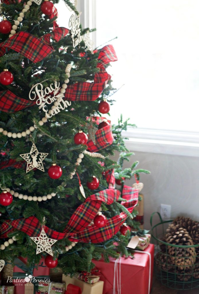Christmas Home Tour by PartiesforPennies.com | Red, Green, Plaid, Christmas Decorations, Christmas Tree, Paid Ribbon