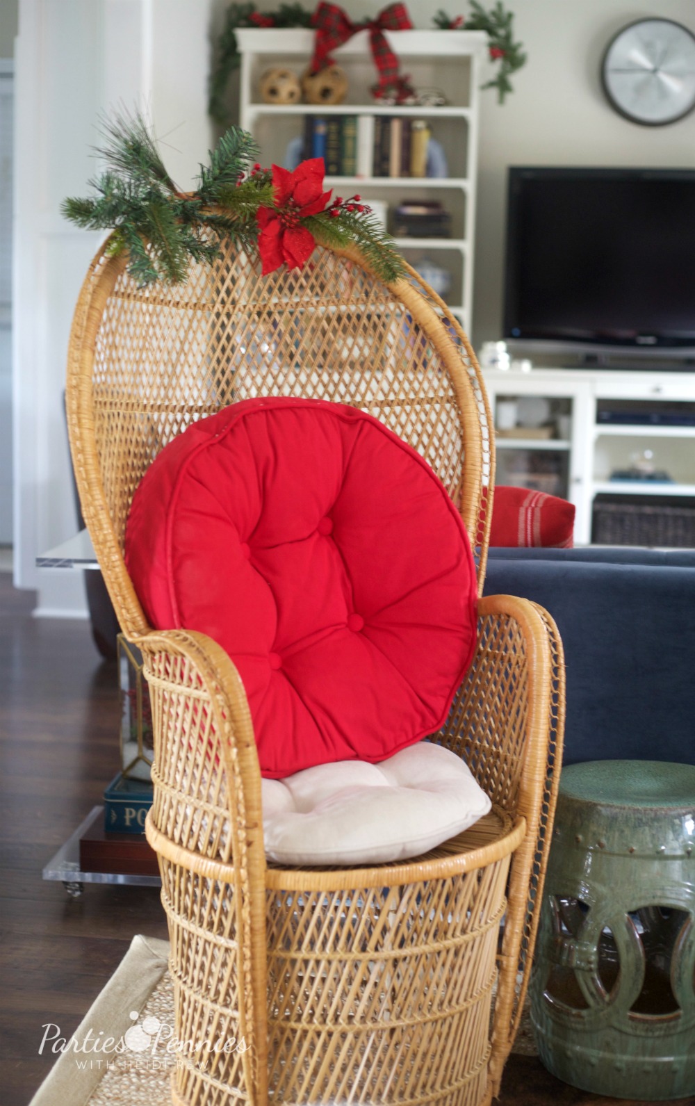 Christmas Home Tour by PartiesforPennies.com | Red, Green, Plaid, Rattan Woven Peacock Chair, Greenery 