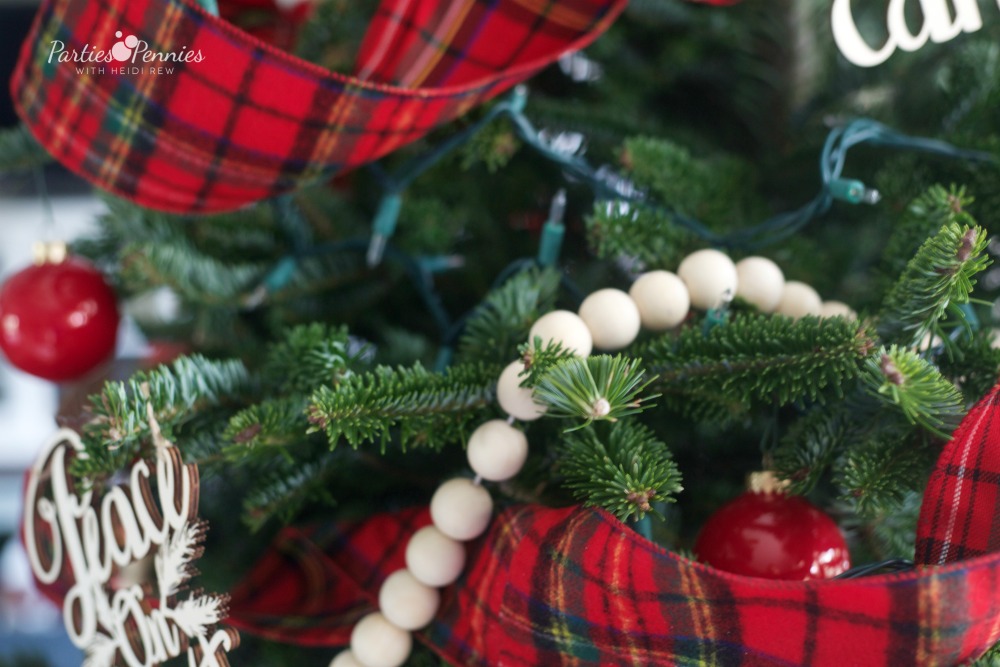 Christmas Home Tour by PartiesforPennies.com | Red, Green, Plaid, Christmas Decorations, Christmas Tree, Plaid Ribbon, DIY Wooden Bead Garland