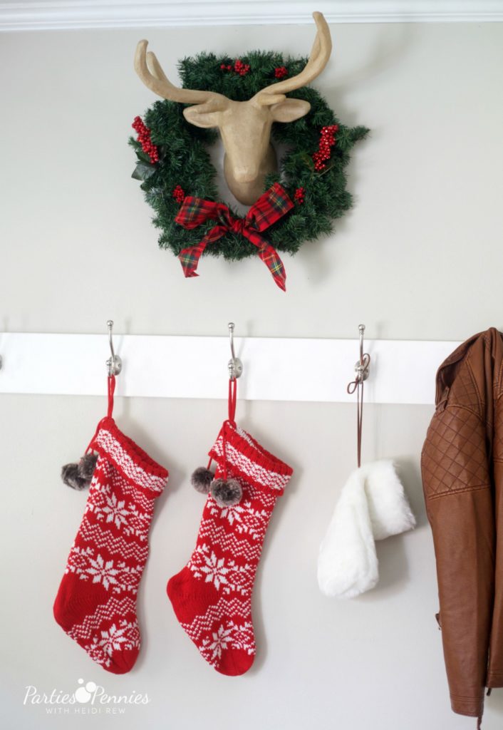 Christmas Home Tour by PartiesforPennies.com | Red, Green, Plaid, Christmas Decorations, Stockings, Deer Head, Wreath