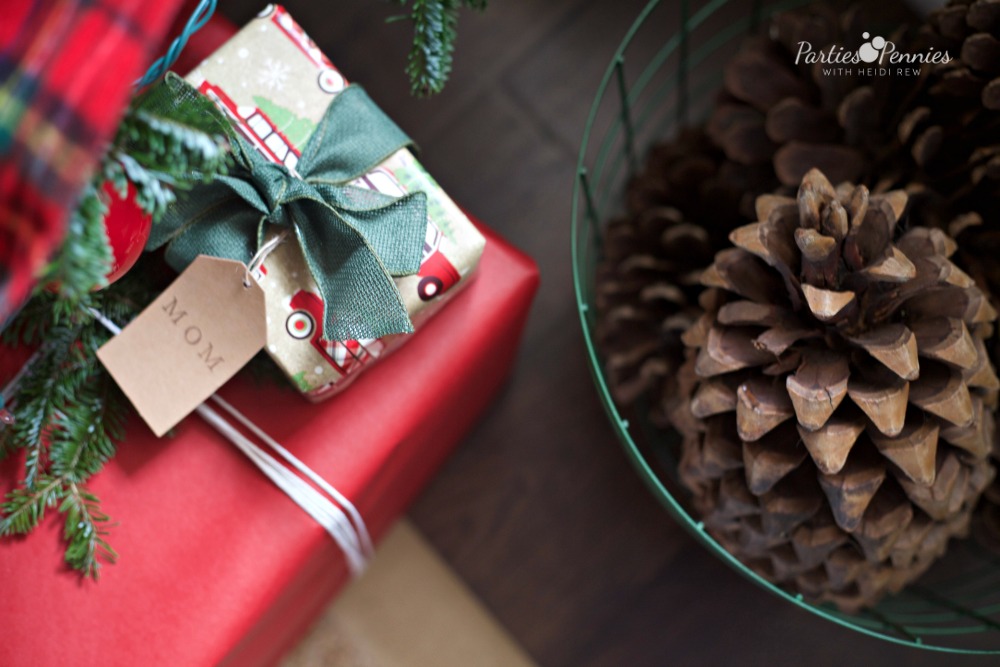 Christmas Home Tour by PartiesforPennies.com | Red, Green, Plaid, Christmas Decorations, Presents, Pinecones