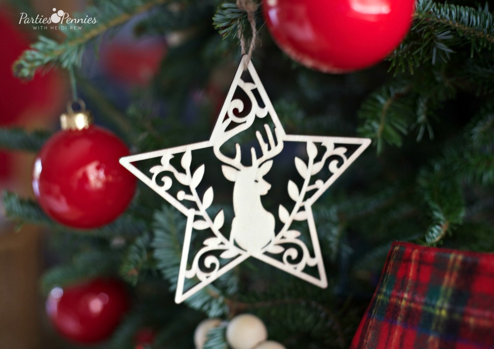 Christmas Home Tour by PartiesforPennies.com | Red, Green, Plaid, Christmas Decorations, Star Ornament, Deerhead ornament