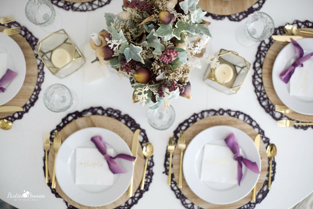 Gold and Plum Thanksgiving Table by PartiesforPennies.com | Placesetting | Fall Table