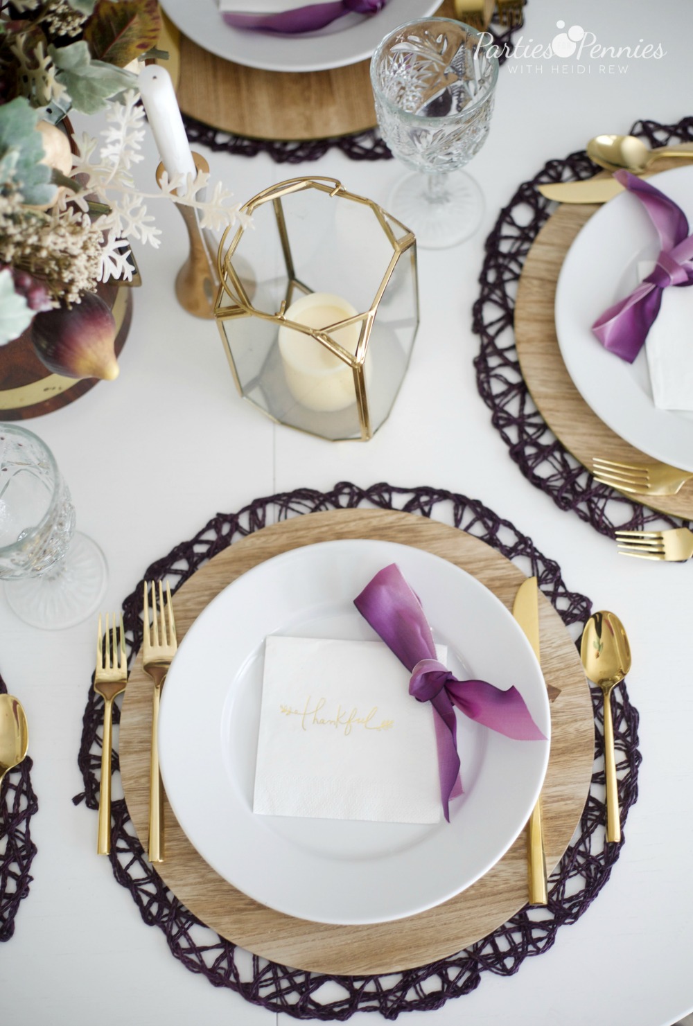 Gold and Plum Thanksgiving Table by PartiesforPennies.com | Placesetting | Fall Table