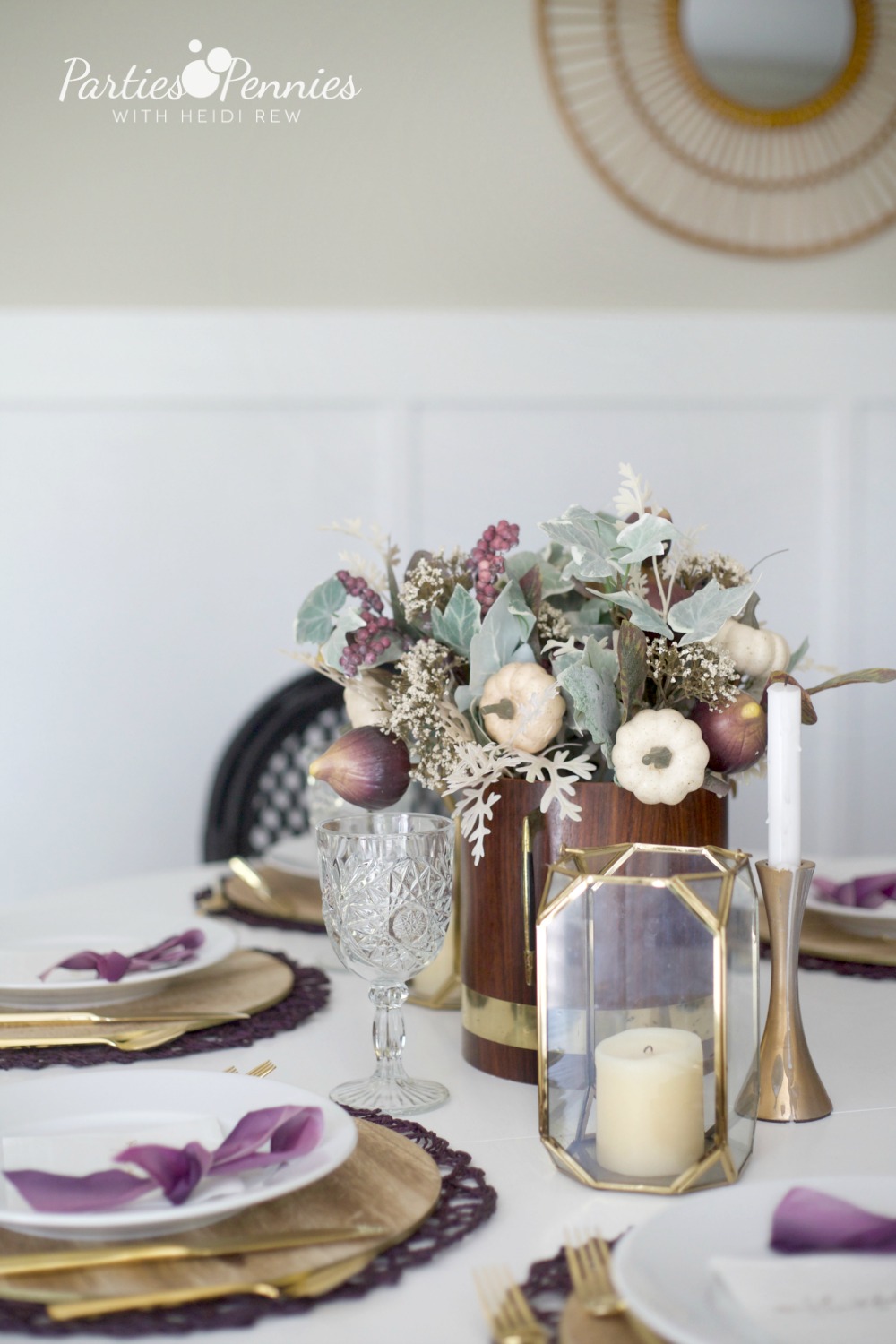 Gold and Plum Thanksgiving Table by PartiesforPennies.com | Placesetting | Fall Table