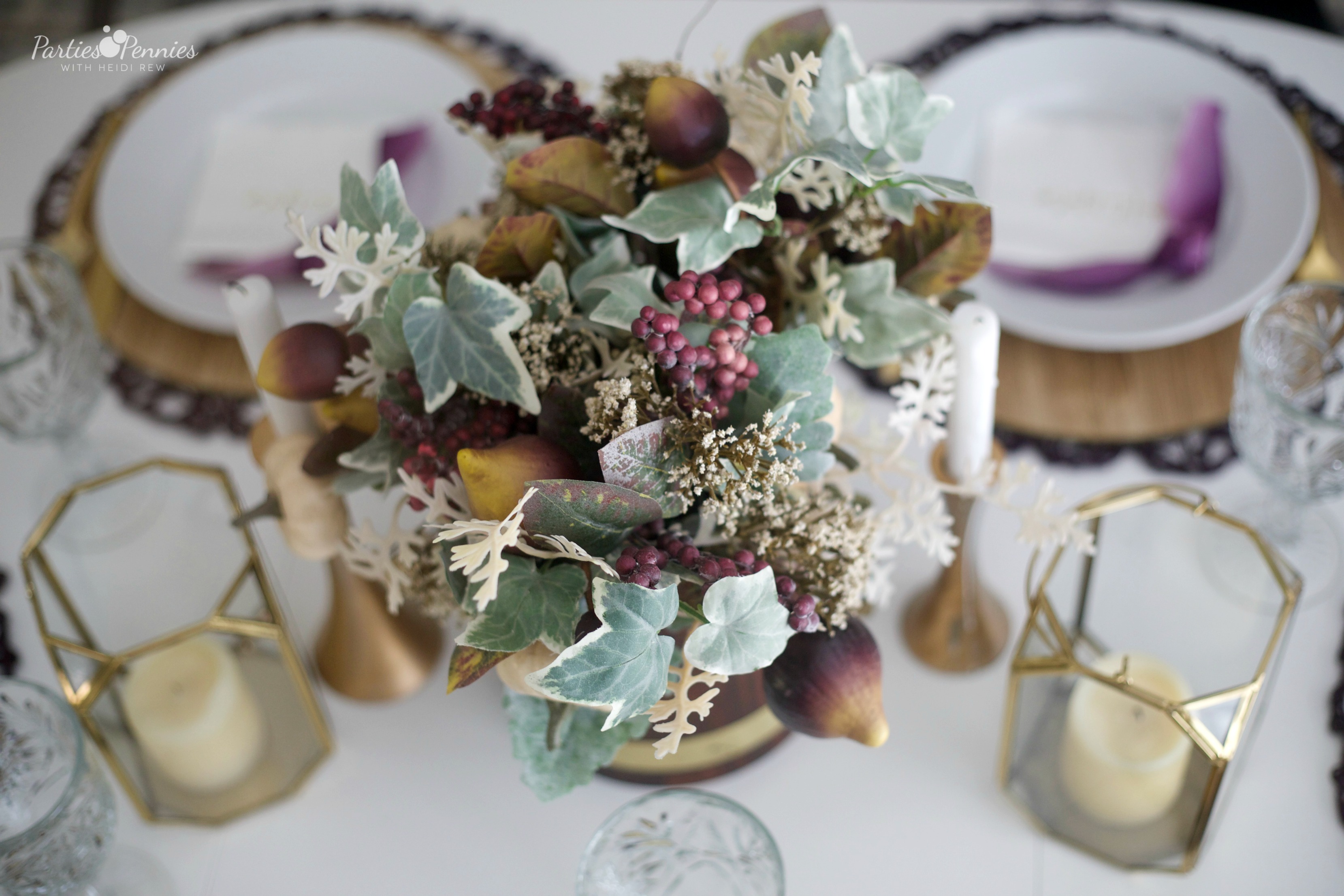 Gold and Plum Thanksgiving Table | Fall Arrangement | Fall Centerpiece by PartiesforPennies.com